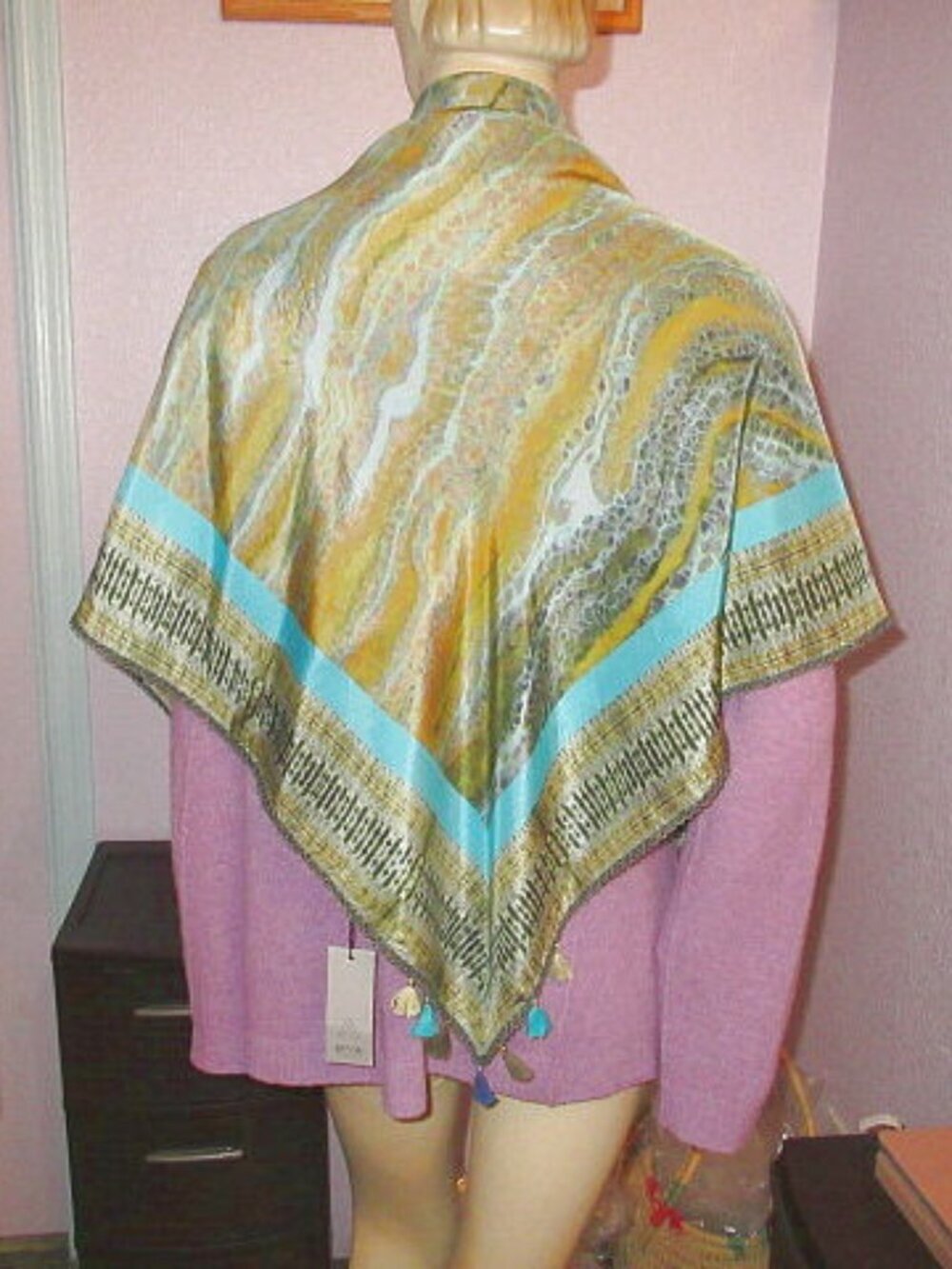 Blank London Silk Scarf Beaded Crochet Tassels Neck Wrap Shawl Boho Artsy NWT
